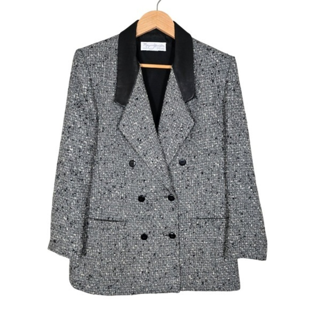 Ms. Jennifer Petite Women Vintage 100% Wool Tweed Leather Collar Blazer Grey 8P